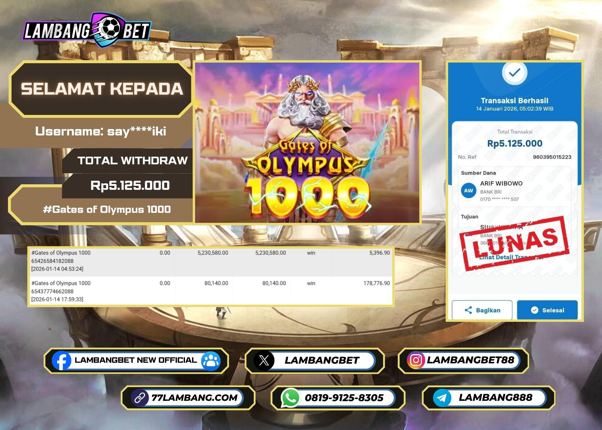 LAMBANGBET [14 JANUARI 2026] JACKPOT SLOT Gates of Olympus 1000 "Rp5.125.000" LUNAS